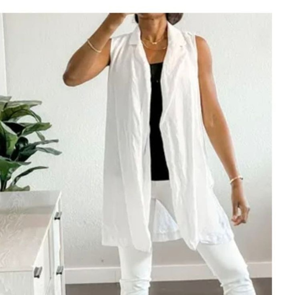 J. Jill White Linen Blend Sleeveless Duster‎ Vest Open Front Longline Blazer M